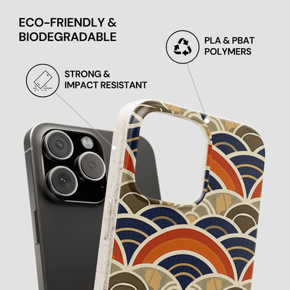 Eco-friendly phone case with wave pattern and text highlighting features on a gray background