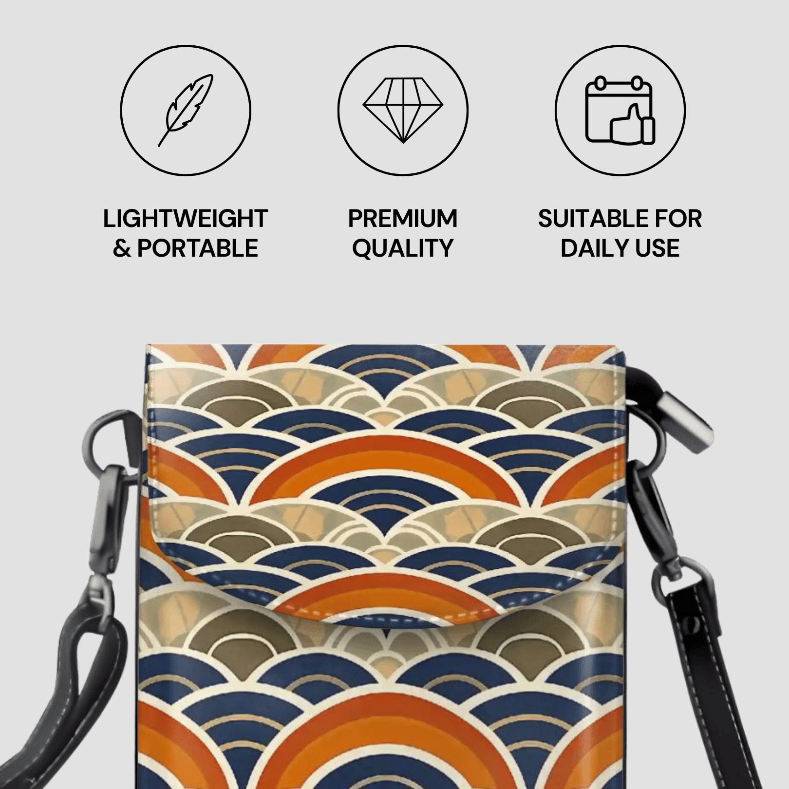 Phone case with wave pattern and shoulder strap, featuring icons and text on a light gray background.