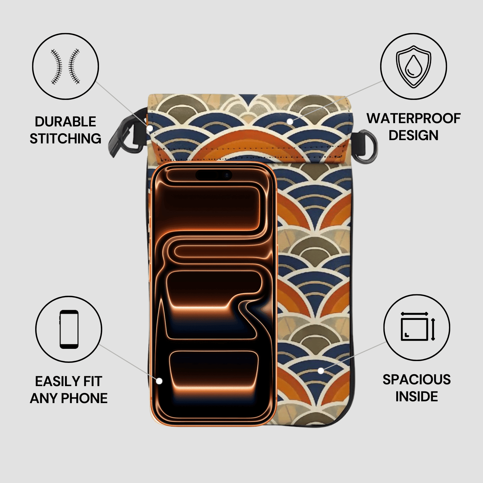 Phone case with wave pattern and features highlighted on a light gray background