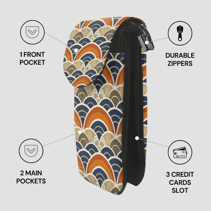 Patterned wallet with features highlighted on a light gray background