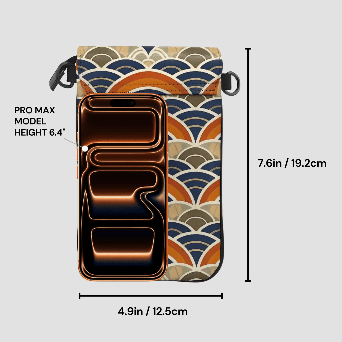 Phone case with geometric pattern and measurements on a light gray background