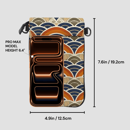 Phone case with geometric pattern and measurements on a light gray background
