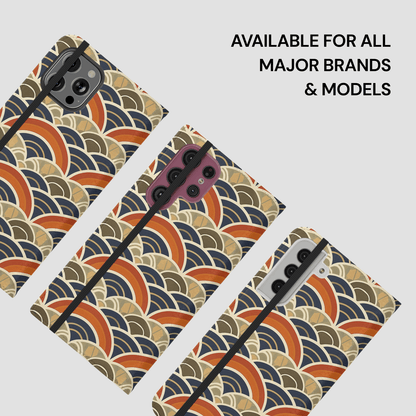 Patterned phone case on a gray background with text 'Available for all major brands & models'.