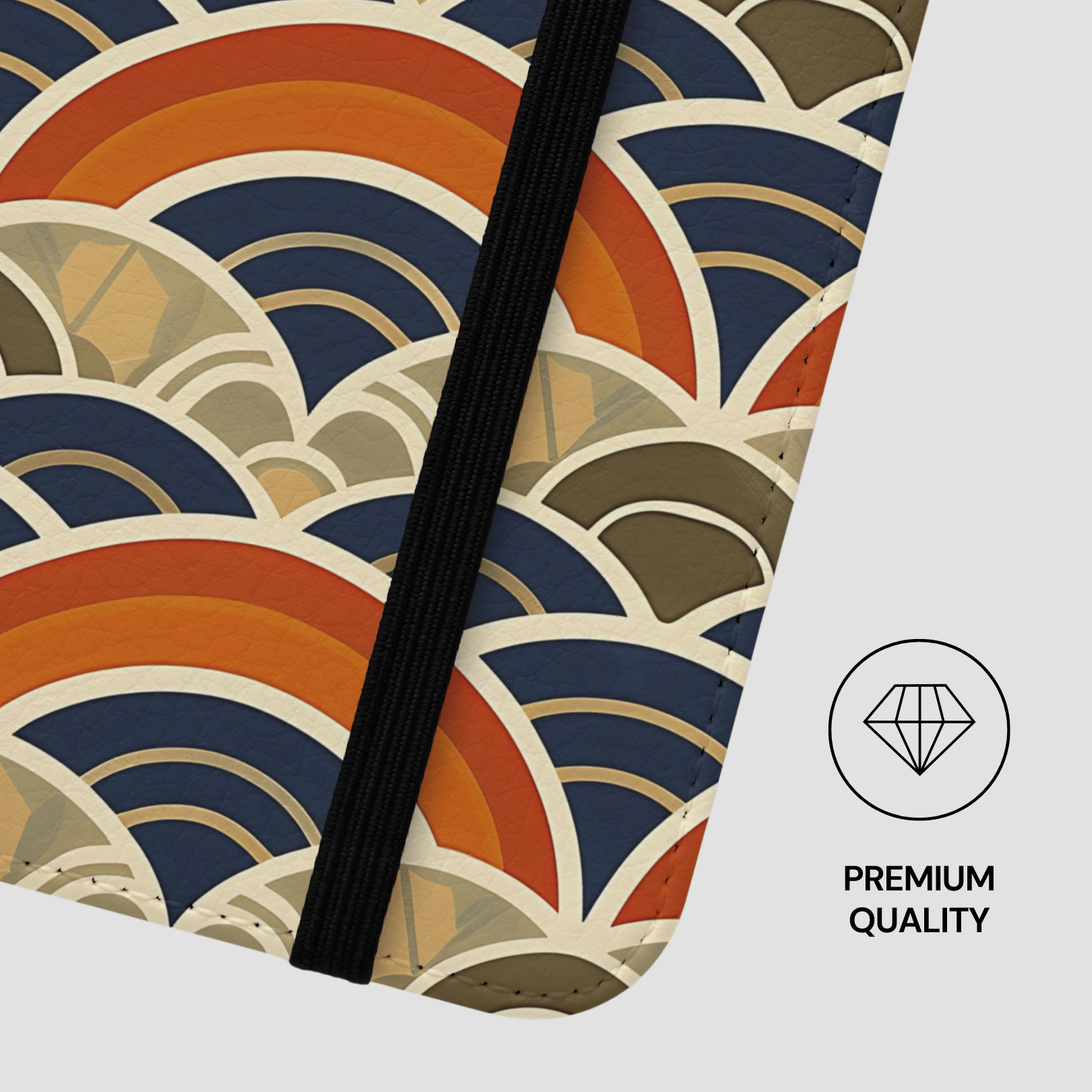 Decorative wall clock with a colorful abstract pattern and 'Premium Quality' label.