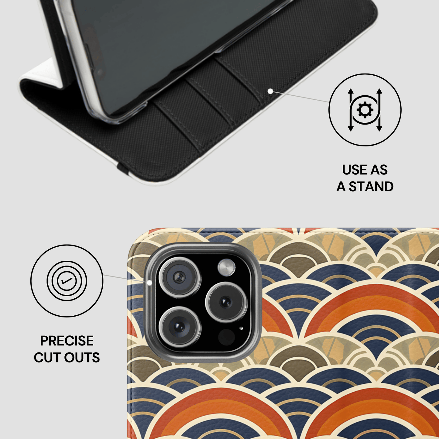 Phone case with wave pattern and stand feature on a light gray background