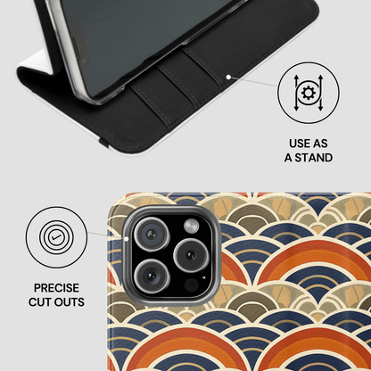 Phone case with wave pattern and stand feature on a light gray background