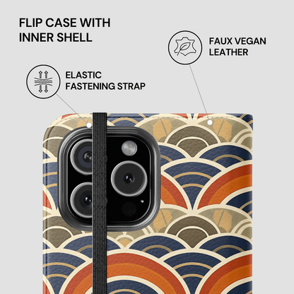 Phone case with wave pattern and text highlighting features on a white background