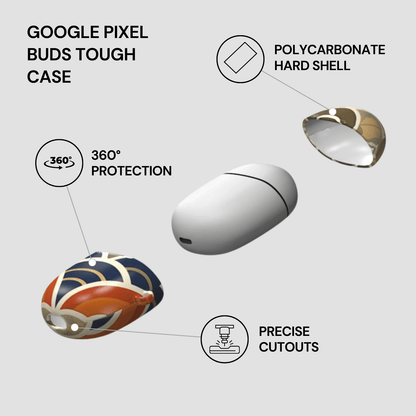 Google Pixel Buds Tough Case with features highlighted on a white background