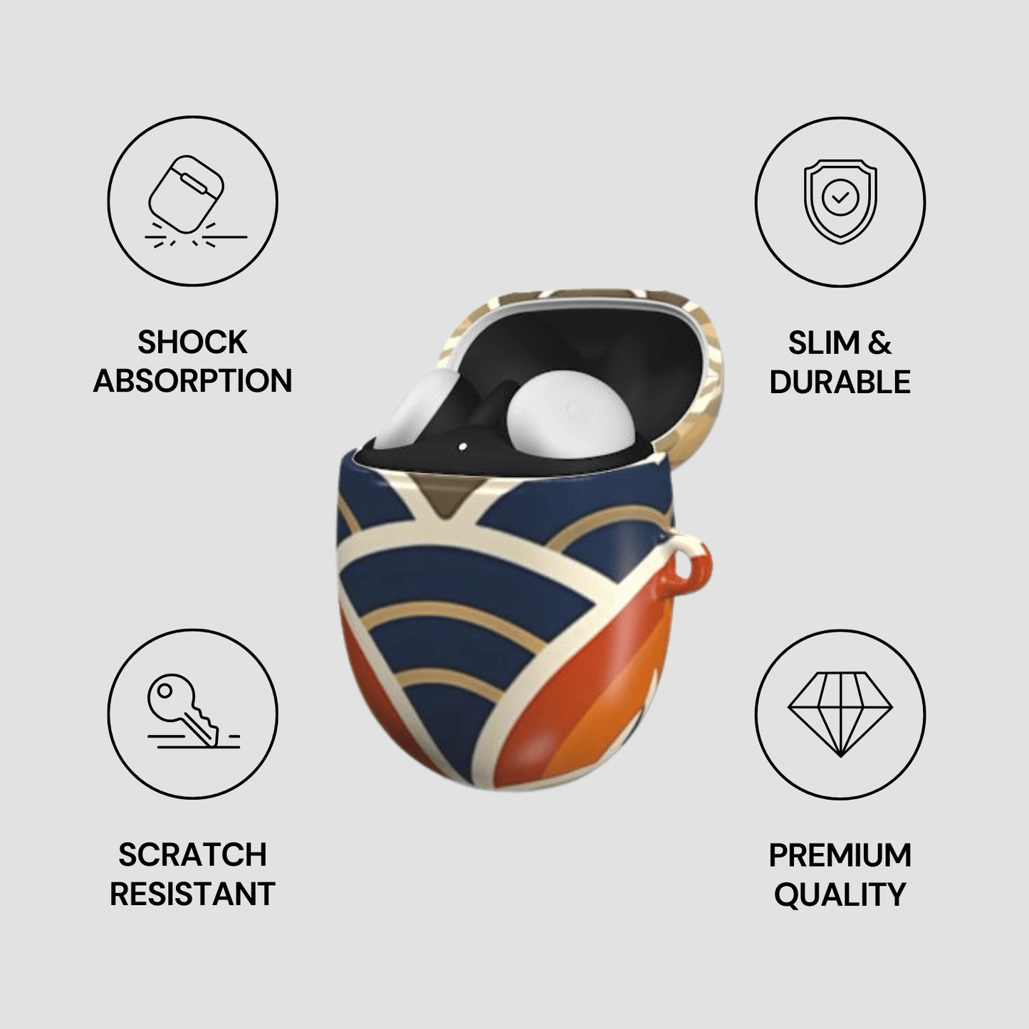 Colorful case with features labeled on a gray background