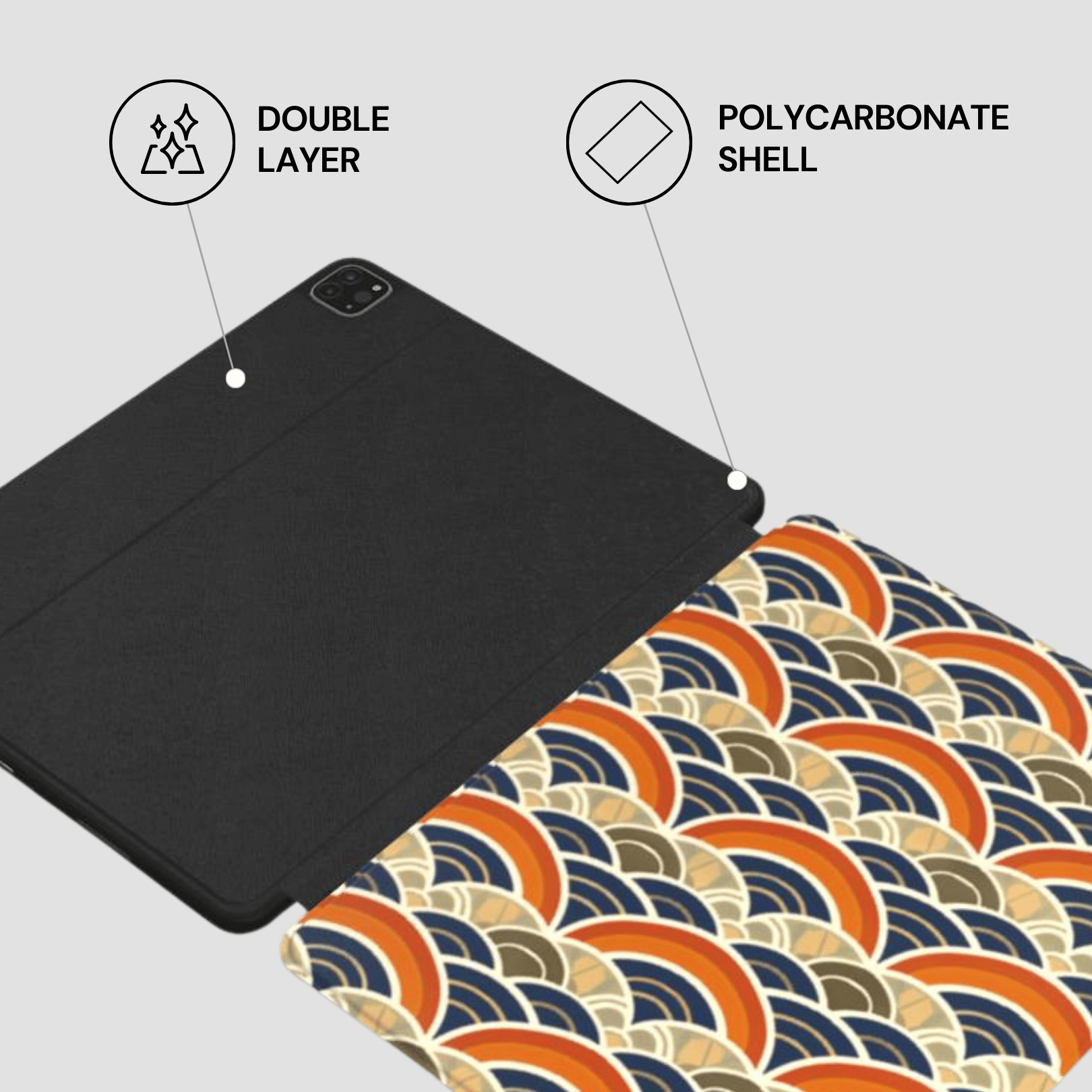 Tablet case with double layer and polycarbonate shell features on a gray background
