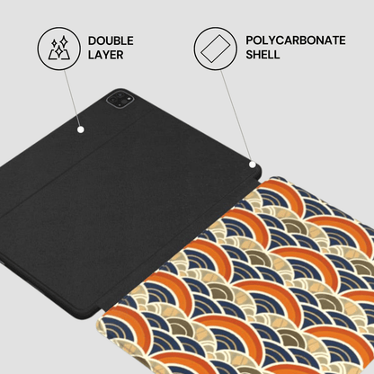 Tablet case with double layer and polycarbonate shell features on a gray background