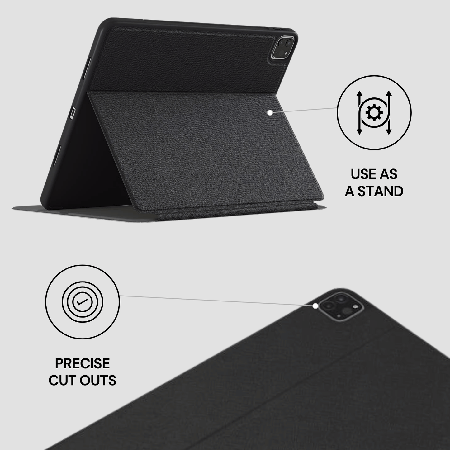 Black tablet case with stand feature on a light gray background