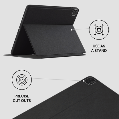 Black tablet case with stand feature on a light gray background