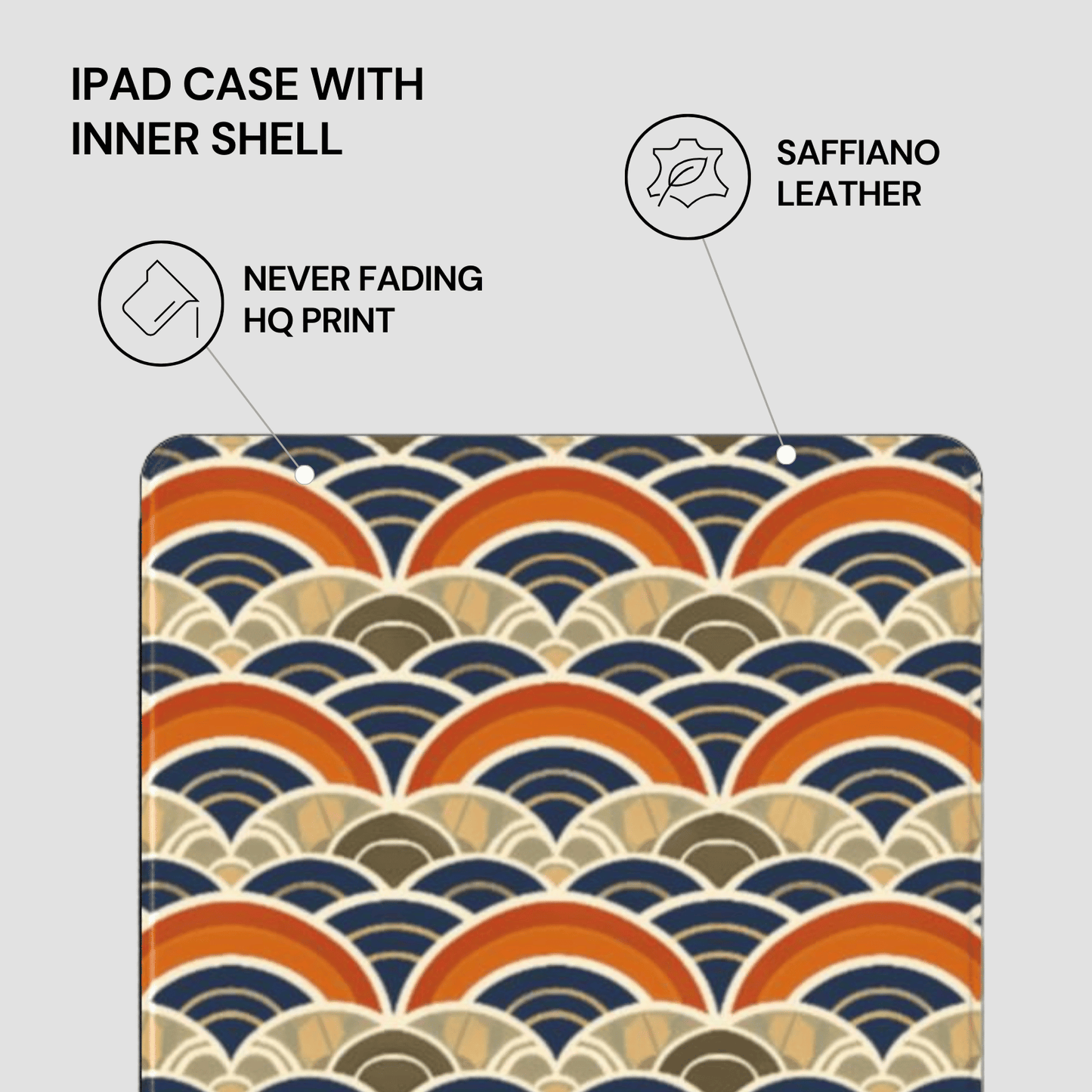 IPAD CASE WITH INNER SHELL featuring saffiano leather, never fading HQ print on a gray background