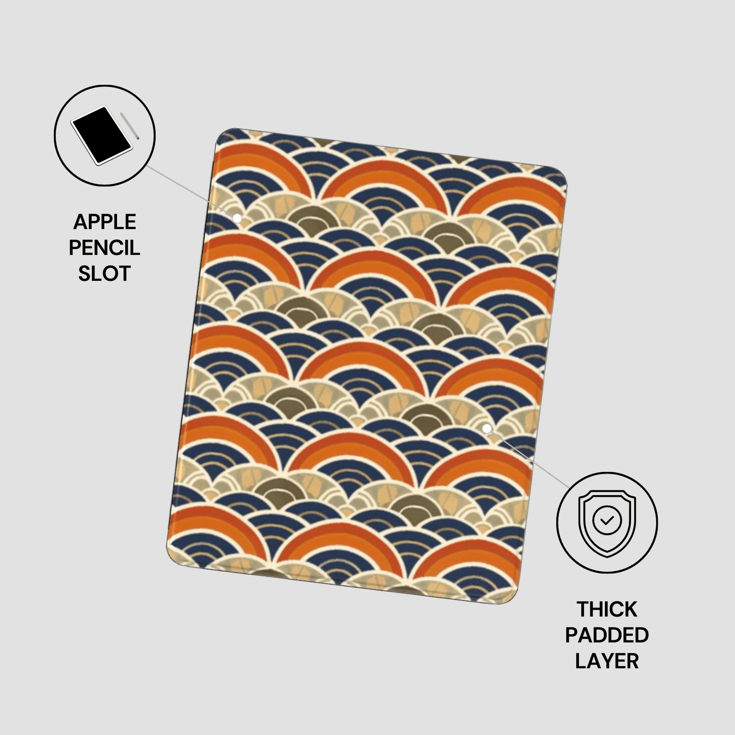 Patterned case with Apple Pencil slot and thick padded layer on a gray background
