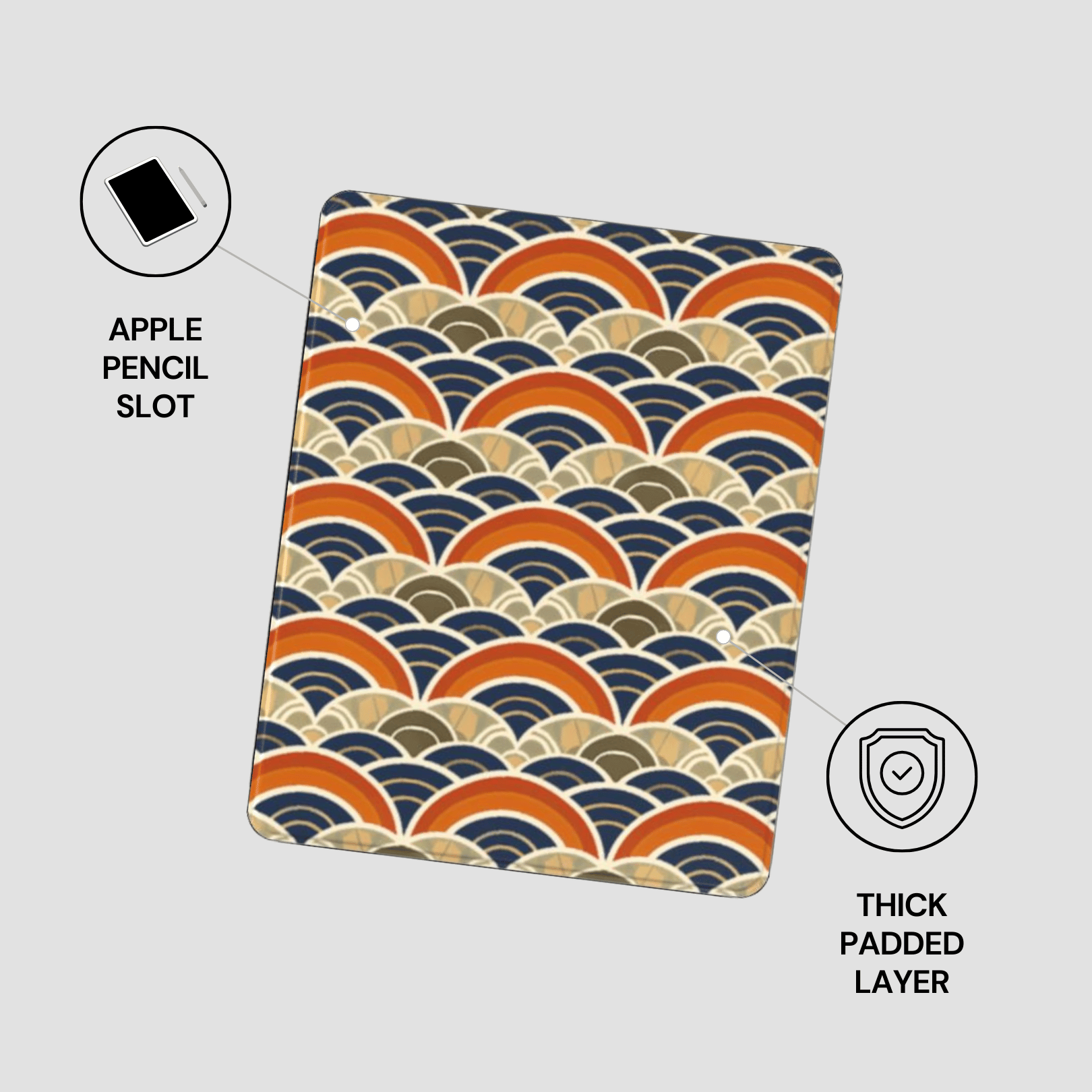 Patterned case with Apple Pencil slot and thick padded layer on a gray background