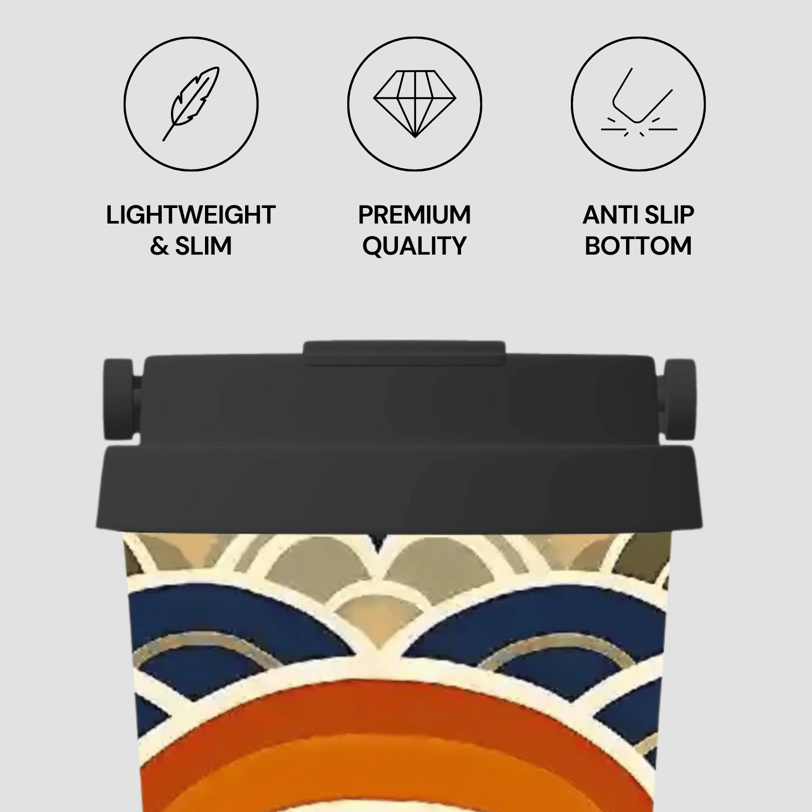 Colorful patterned product with icons and text describing features on a light gray background