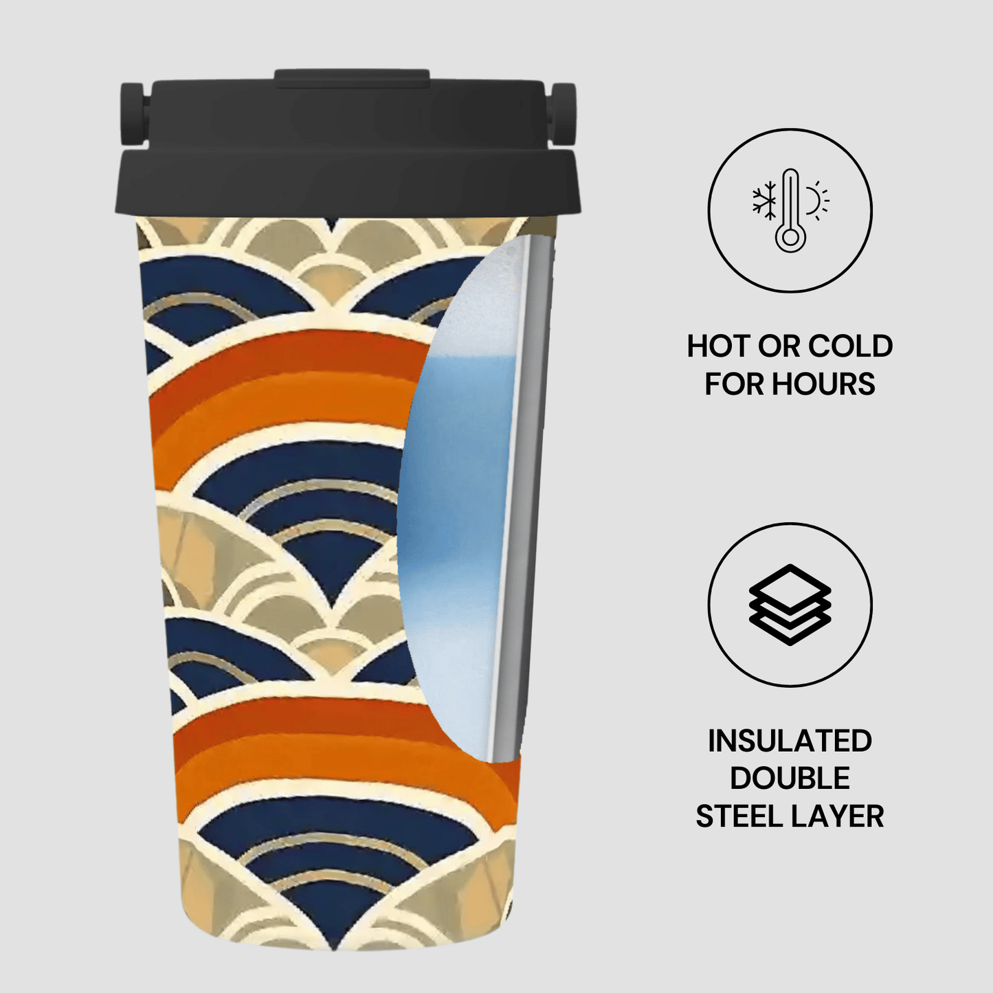 Colorful insulated travel mug with geometric pattern on a light gray background