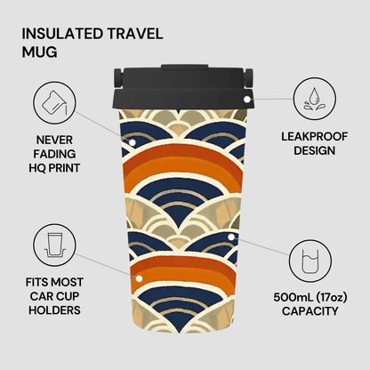 Insulated travel mug with wave pattern and features listed on a light gray background