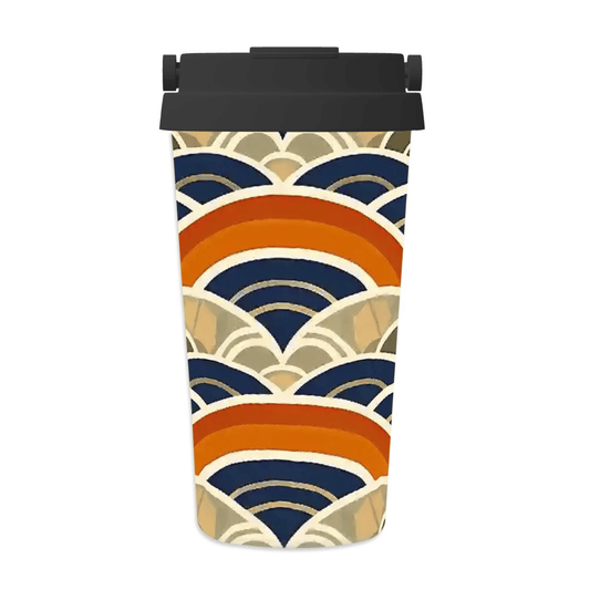 Tumbler with a colorful geometric pattern on a white background