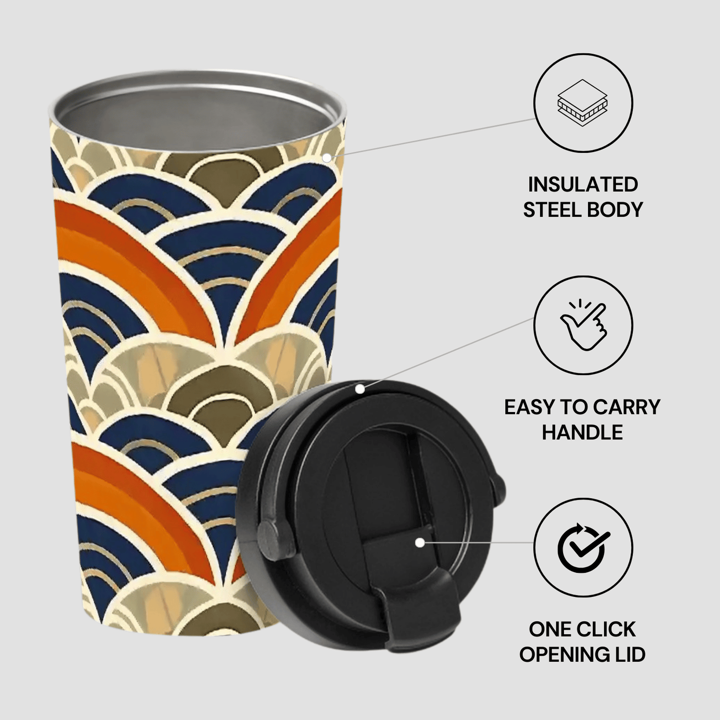 Insulated steel tumbler with wave pattern and black lid on a light gray background