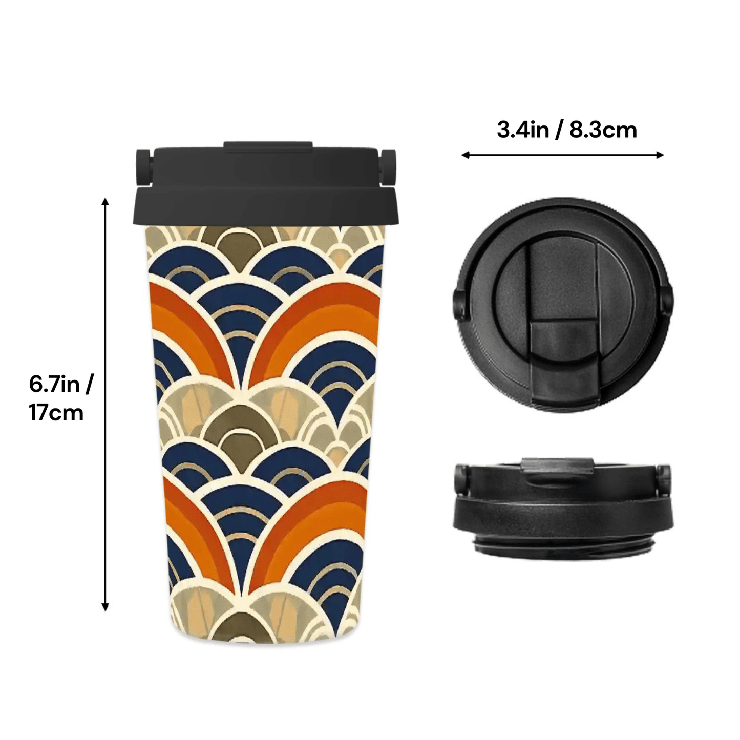 Travel mug with a geometric pattern, black lid, and measurements indicated.