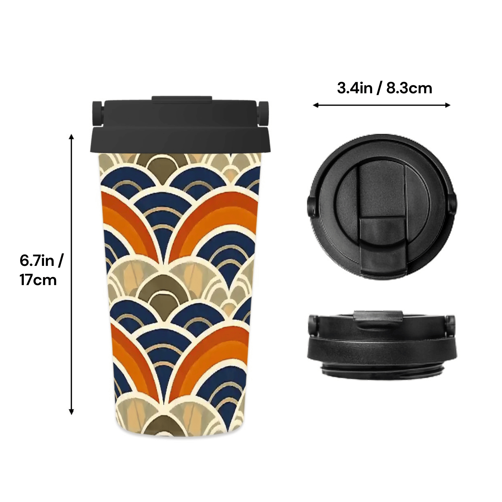 Travel mug with a geometric pattern, black lid, and measurements indicated.