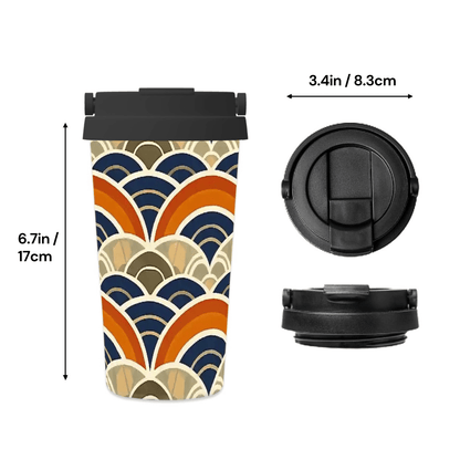 Travel mug with a geometric pattern, black lid, and measurements indicated.