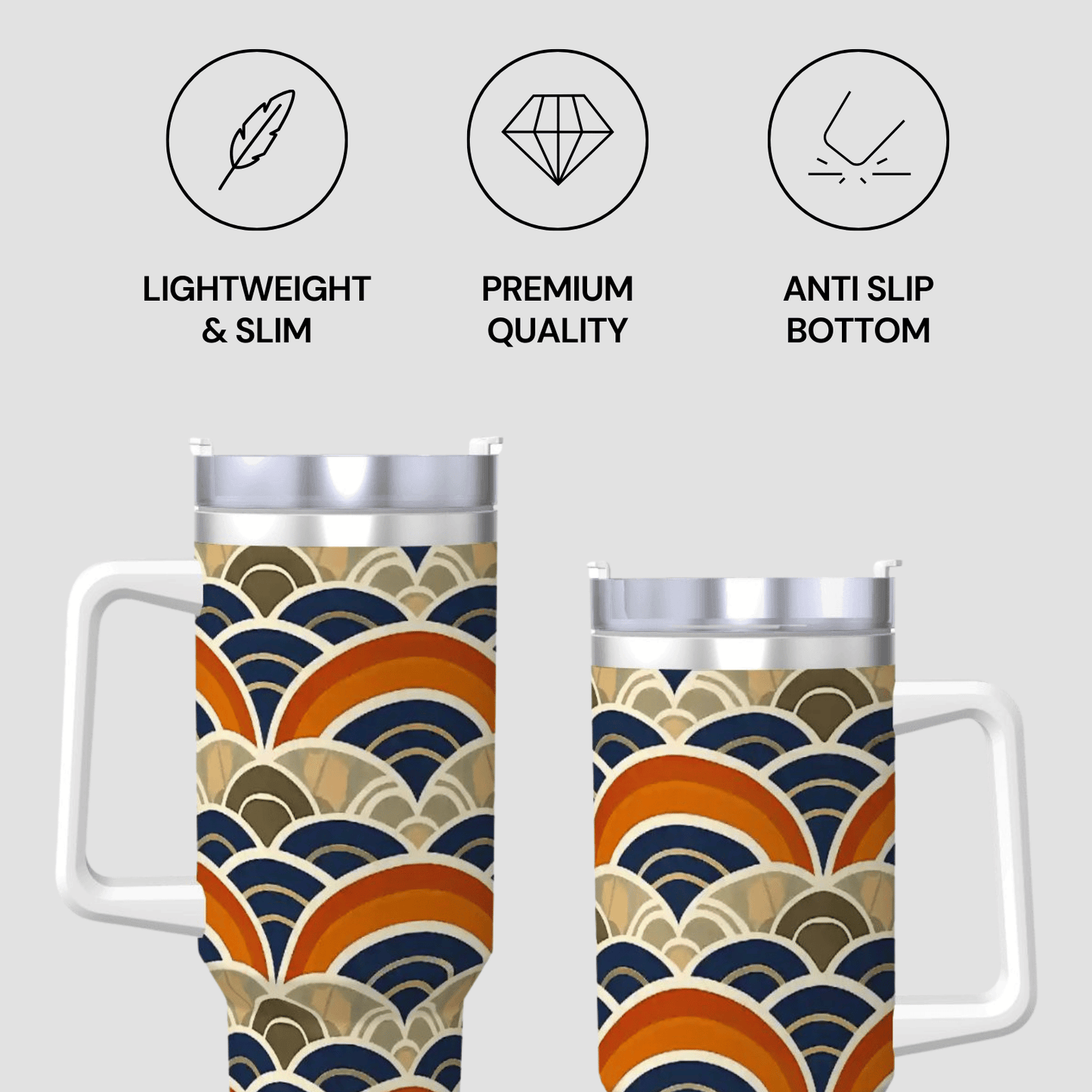 Two travel mugs with a geometric pattern, labeled as lightweight, premium quality, and anti-slip bottom.