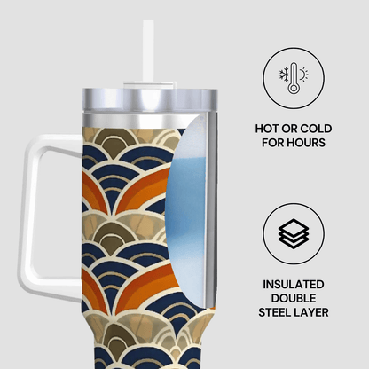 Insulated tumbler with geometric pattern on a white background