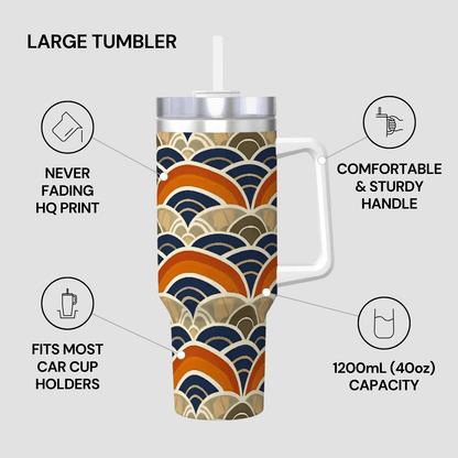 Large tumbler with a patterned design on a gray background, featuring text about its features.