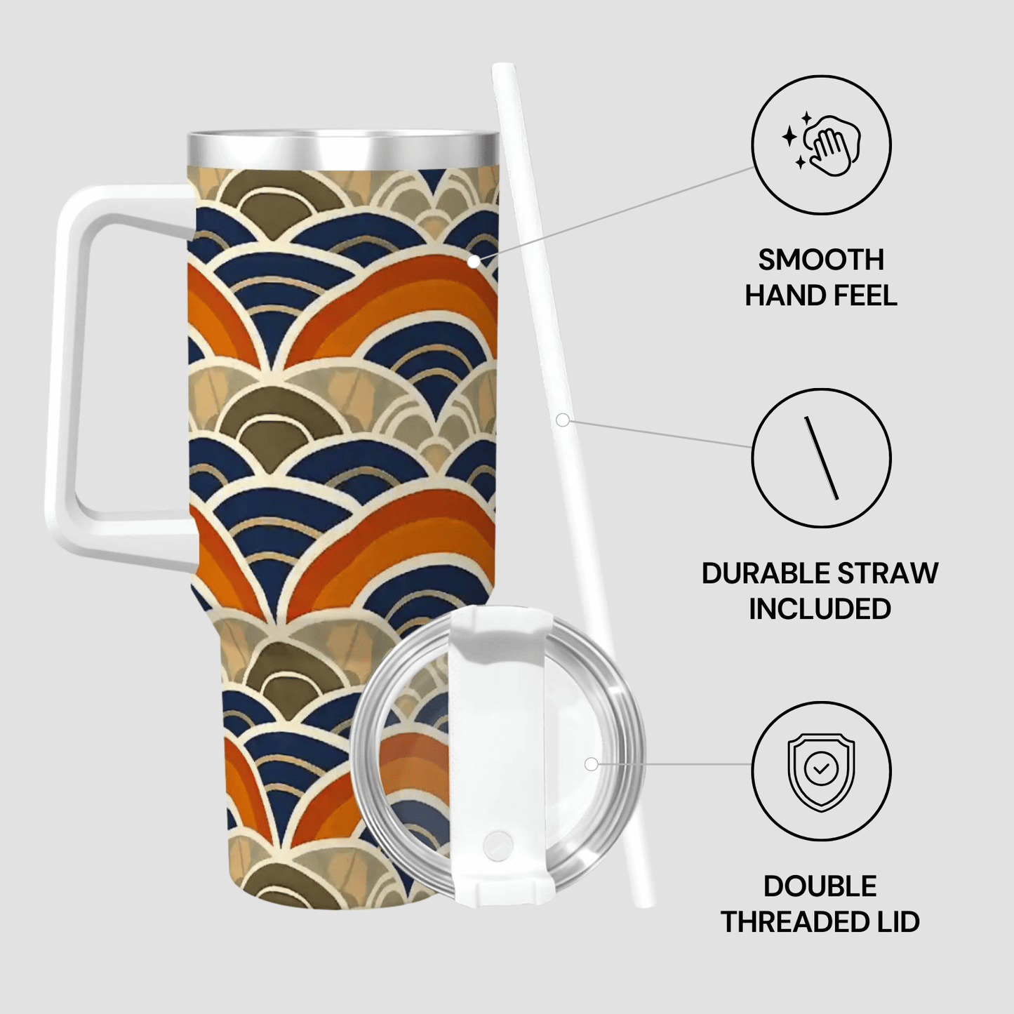 Travel mug with wave pattern, lid, and straw on a light gray background