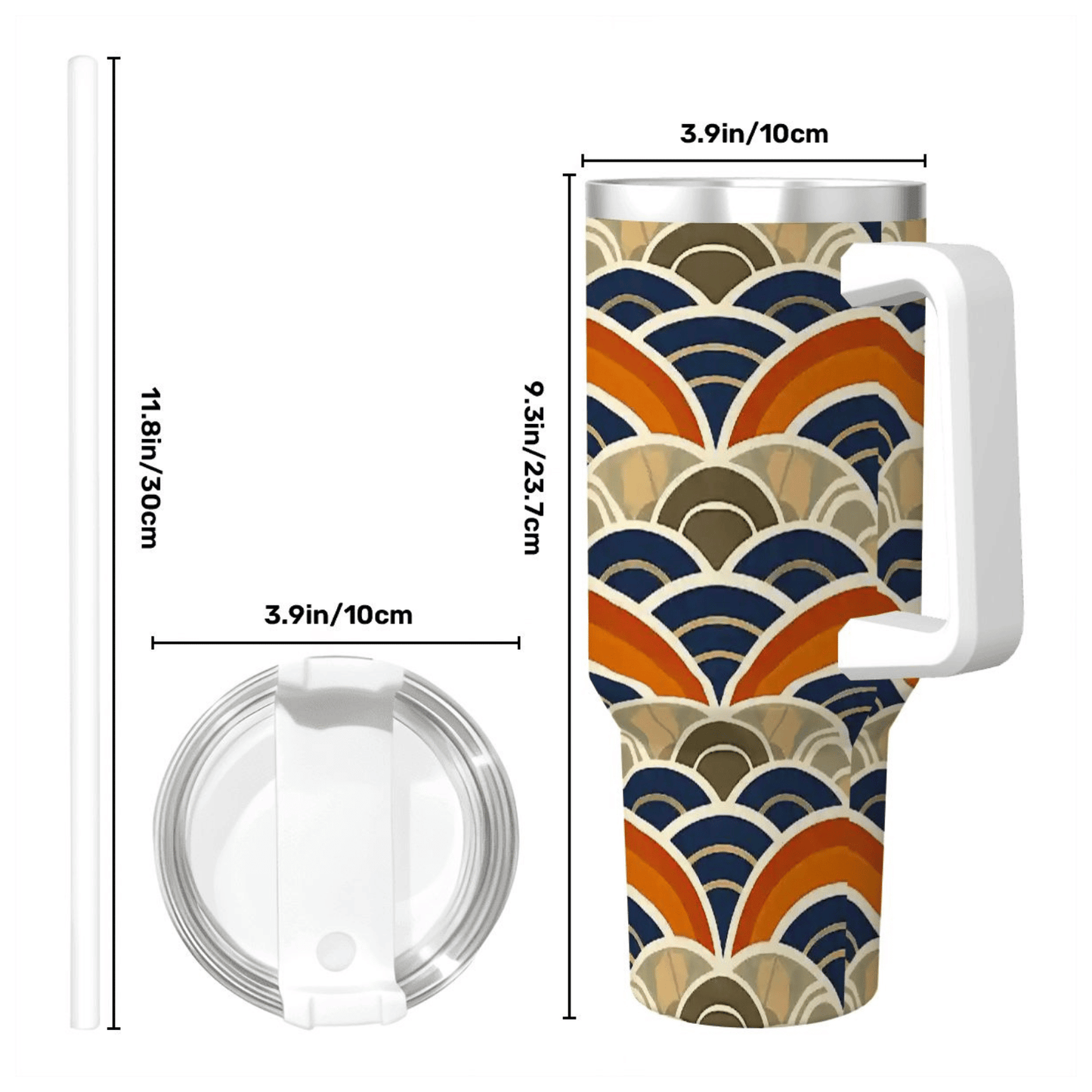 Tumbler with wave pattern and measurements on a white background