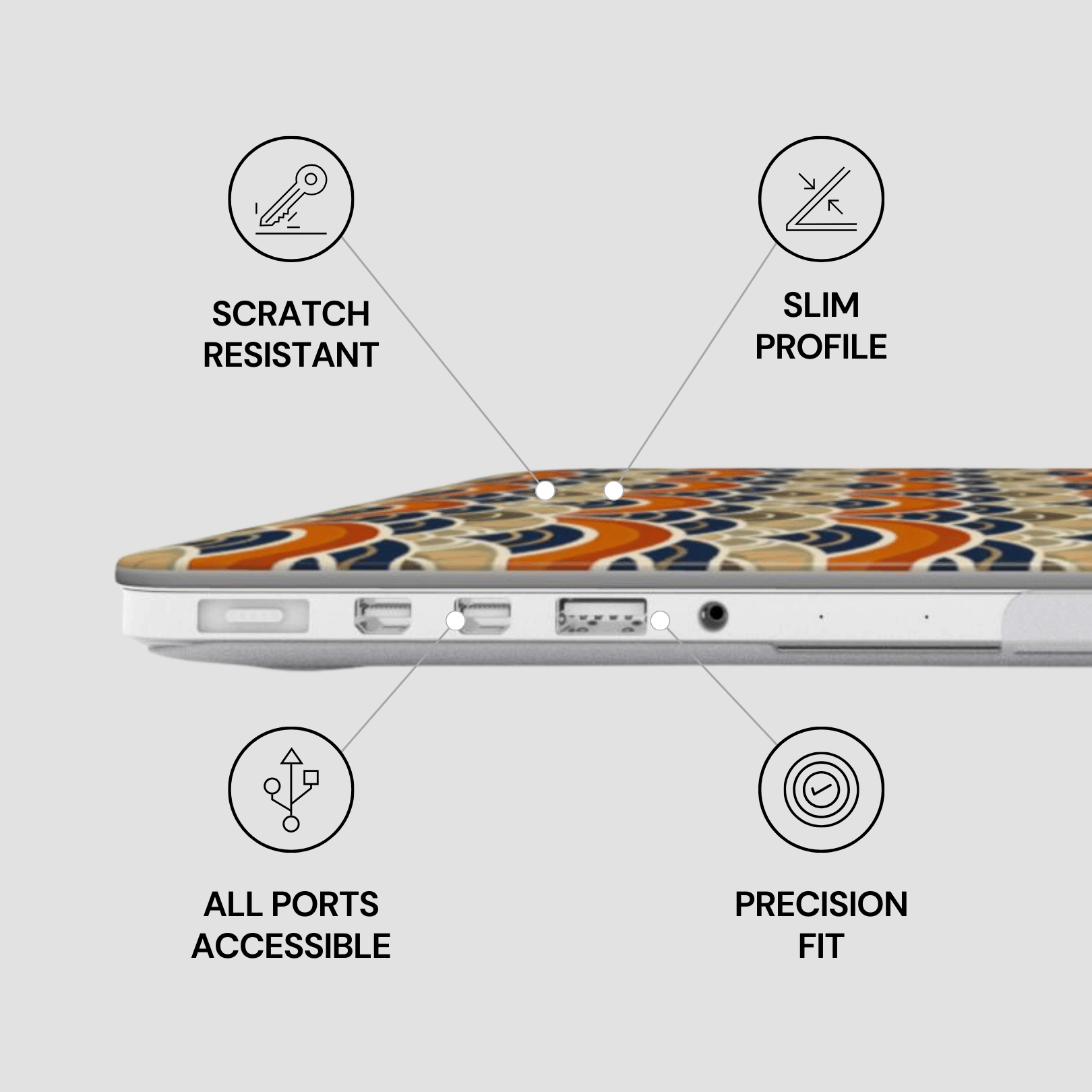 Laptop with features highlighted on a gray background