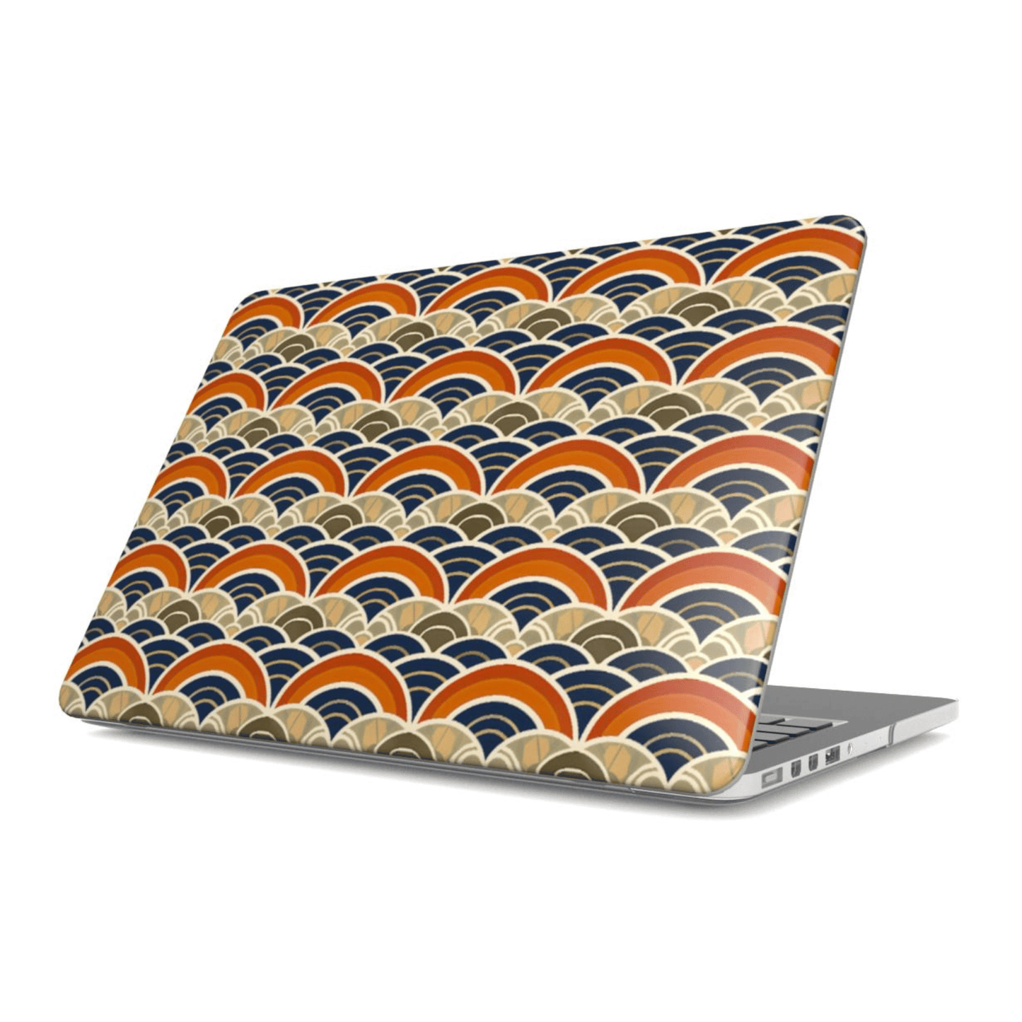 Laptop with a colorful wave pattern on a white background