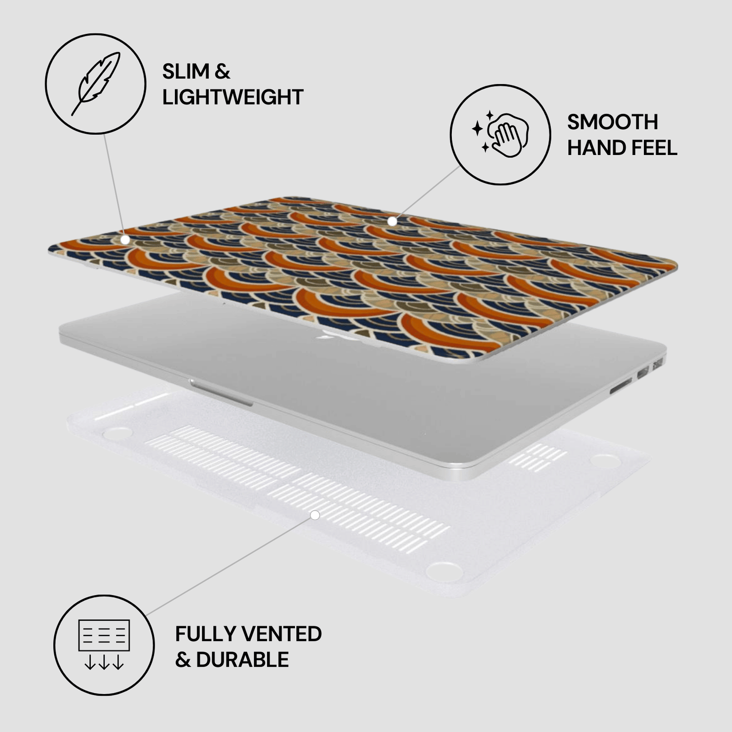 Laptop with a patterned cover on a light gray background, featuring text labels about the product's features.
