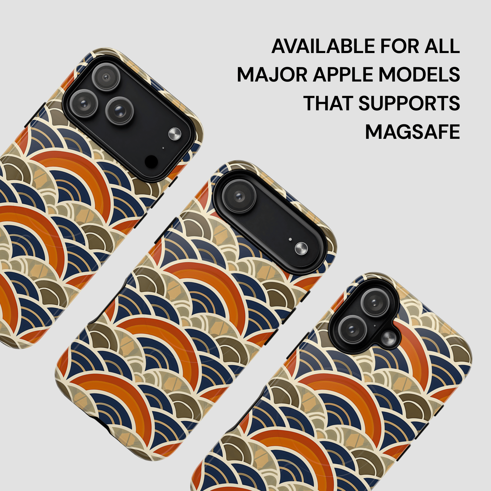 Patterned phone case with text indicating compatibility for Apple models supporting MagSafe.