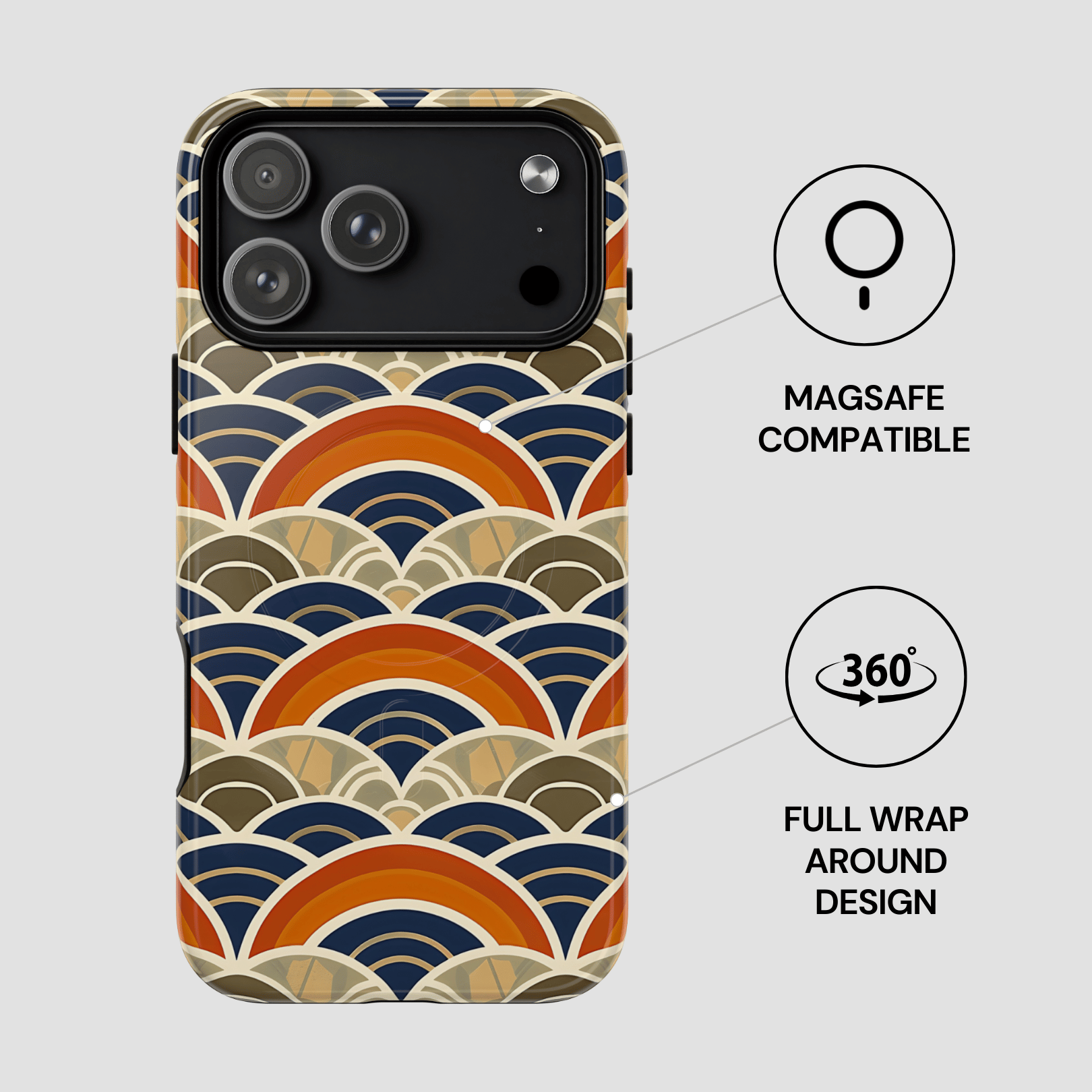 Phone case with wave pattern and Magsafe compatibility on a gray background