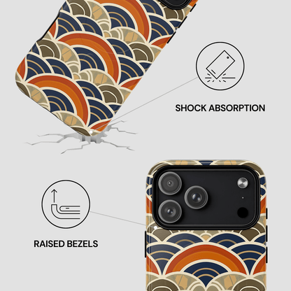 Phone case with wave pattern and features labeled on a light gray background