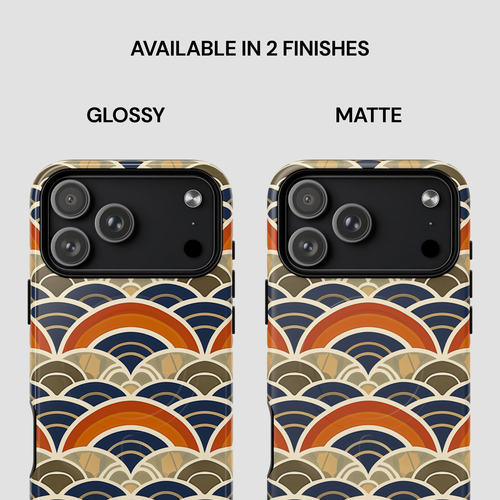 Two phone case designs with a pattern of wavy lines in orange, blue, and beige, labeled 'Glossy' and 'Matte'.