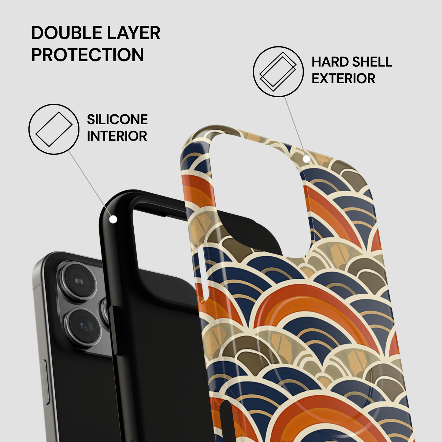 Phone case with wave pattern and text highlighting double layer protection on a gray background