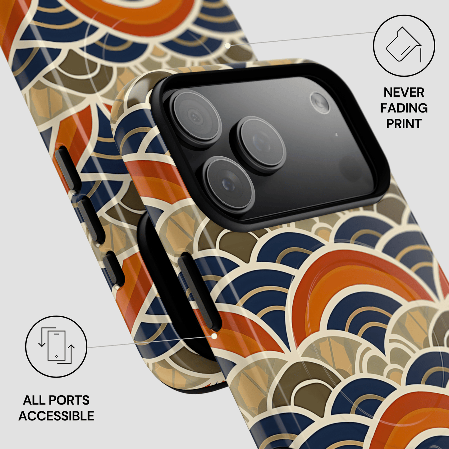 Phone case with geometric pattern and text indicating 'Never Fading Print' and 'All Ports Accessible'.