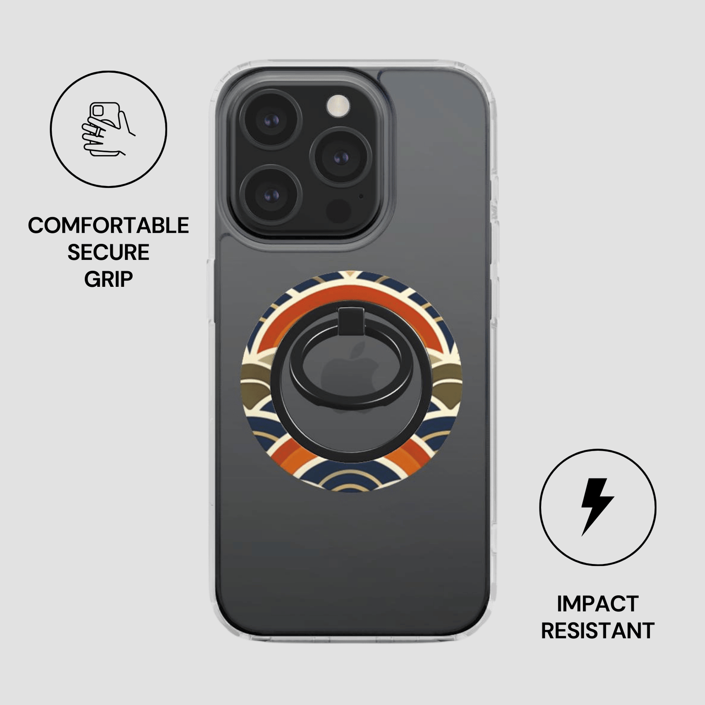 Phone case with ring holder on a gray background