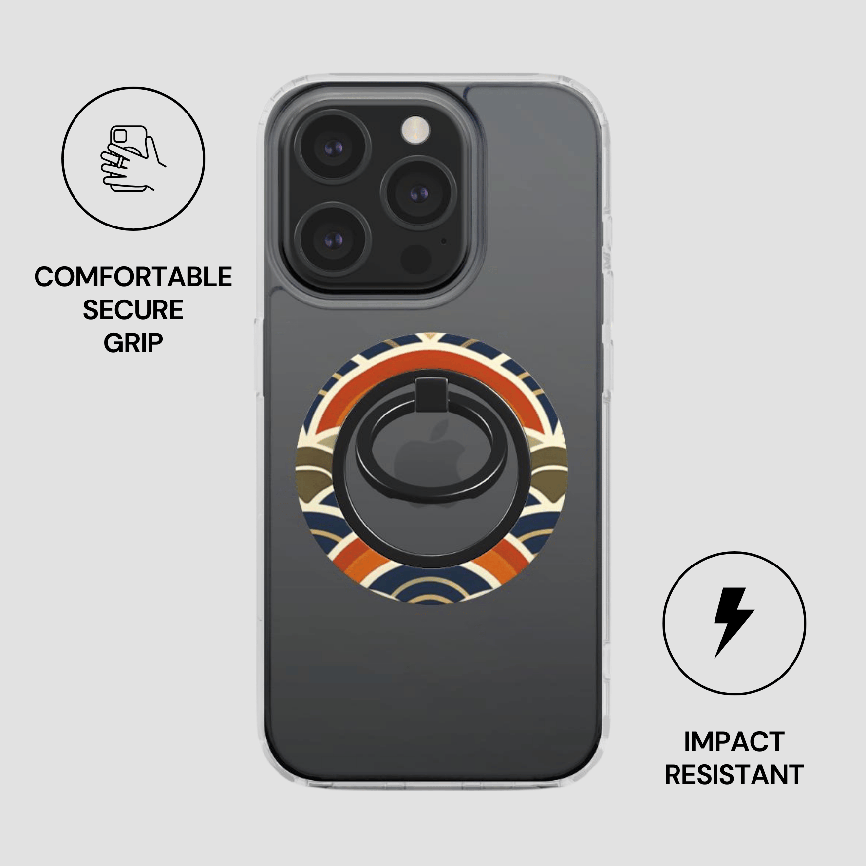 Phone case with ring holder on a gray background
