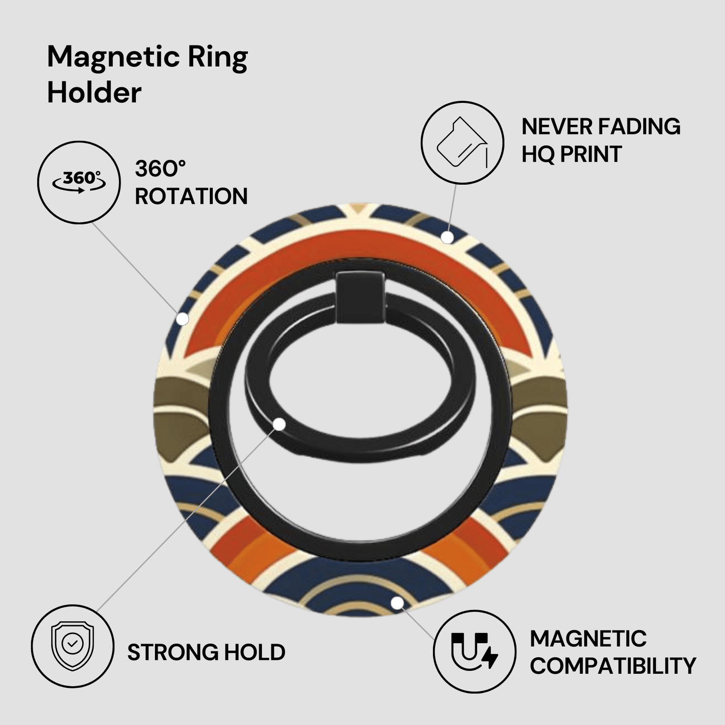Magnetic ring holder with features listed on a light gray background