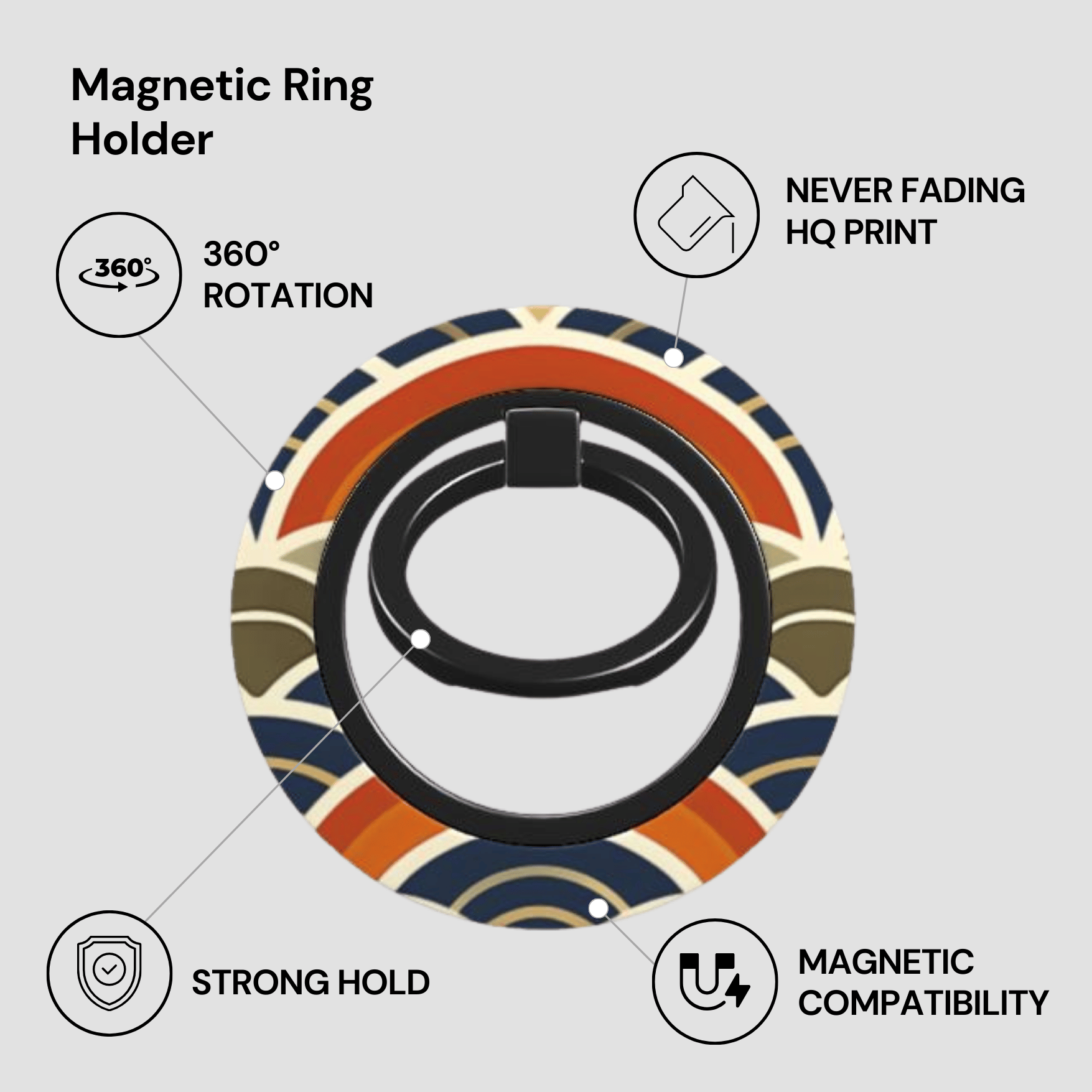 Magnetic ring holder with features listed on a light gray background