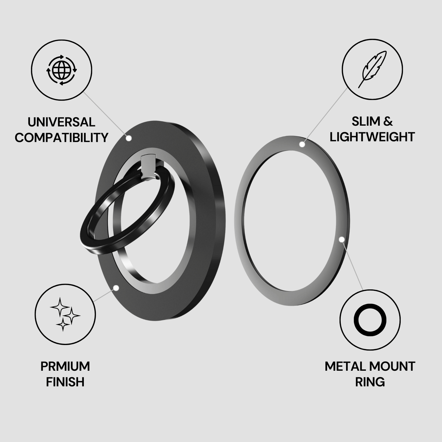 Metal mount ring with features labeled on a light gray background