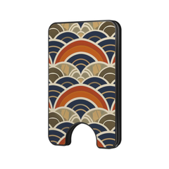 Autumn Waves Magnetic Wallet with retro navy, cream, taupe, and orange wave pattern on a white background
