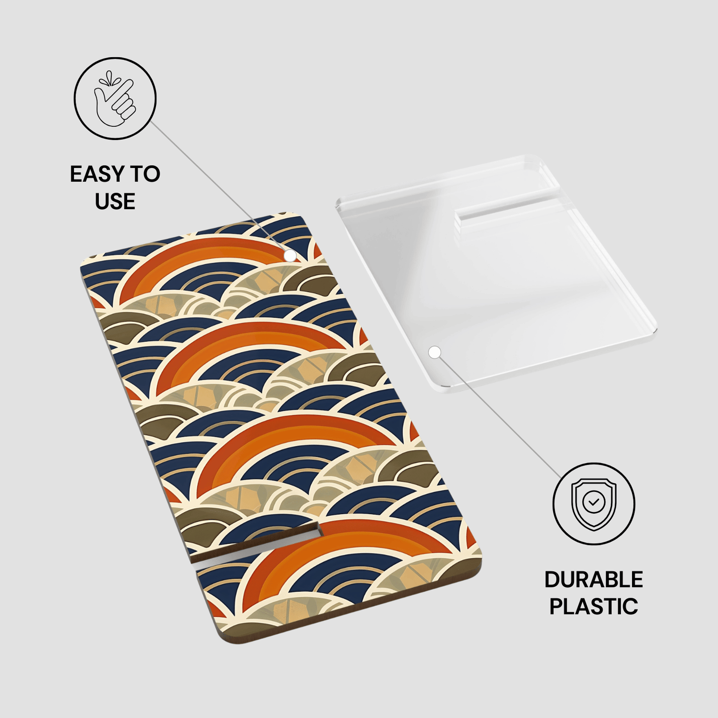 Patterned phone case with text 'Easy to use' and 'Durable plastic' on a white background