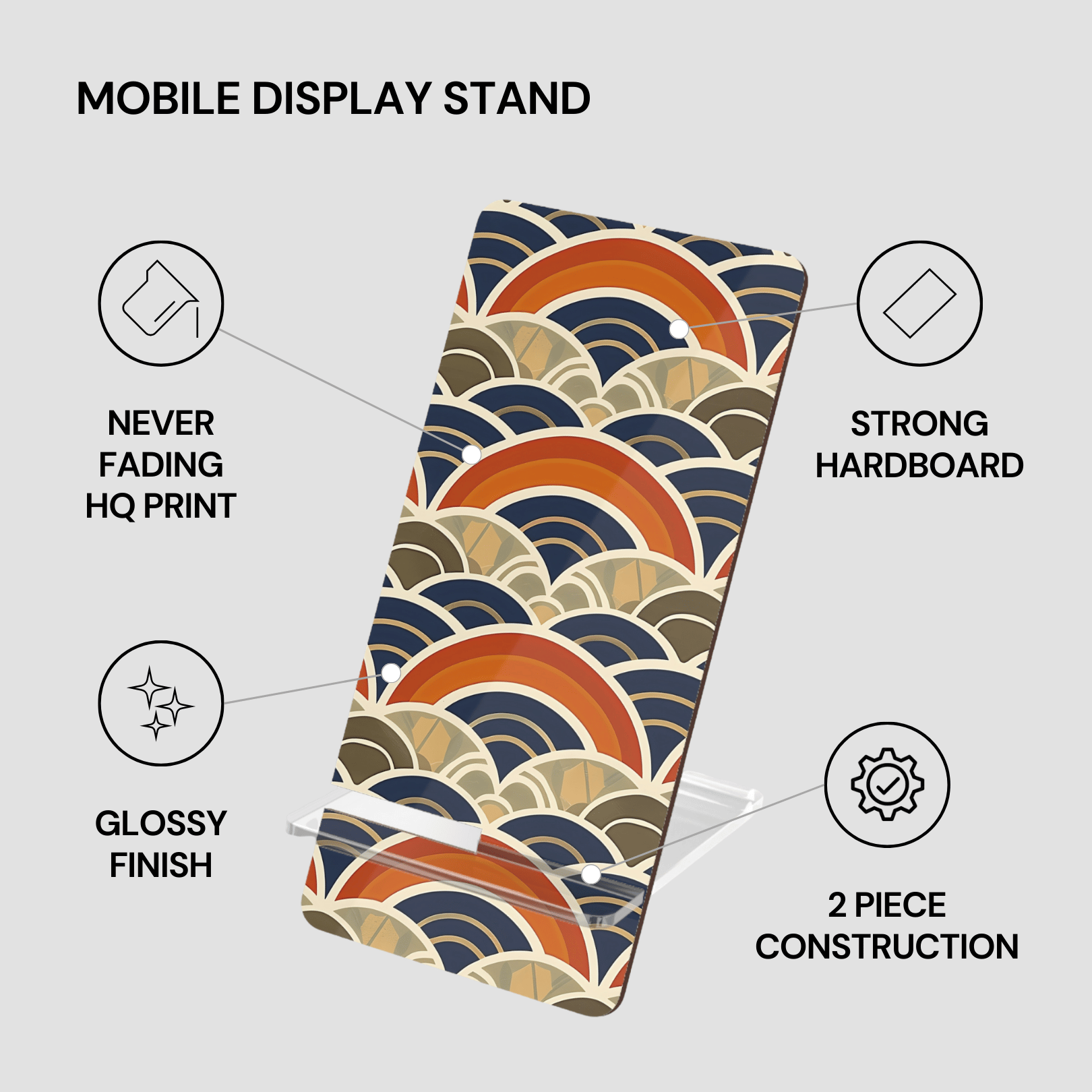 Mobile display stand with wave pattern design on a gray background